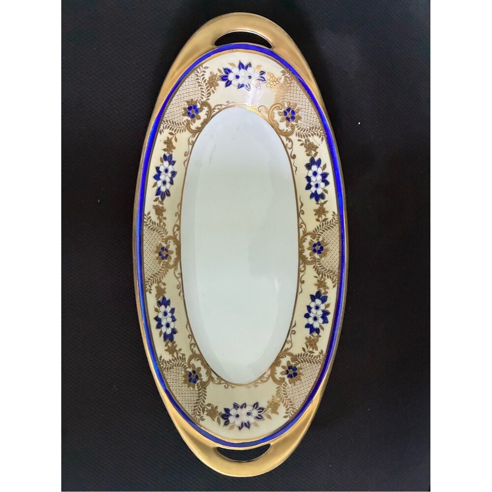 VTG Noritake porcelain Oval Relish Trinket Bowl cobalt blue gold floral decor